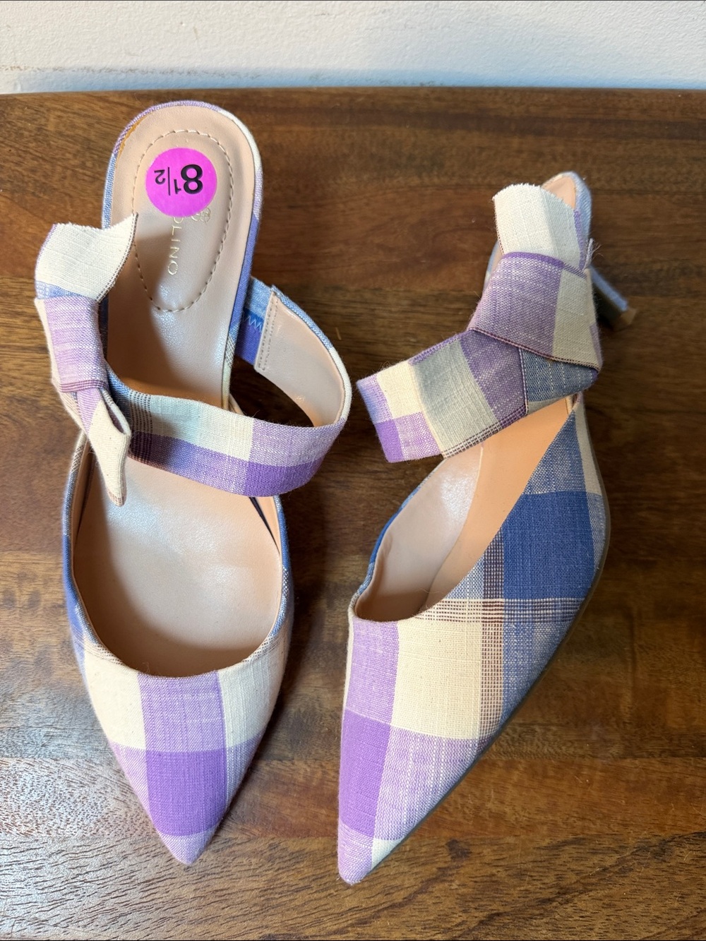Bandolina Millie Kitten Heel Mules Purple Lavender Plaid Gingham Pointed Toe 8.5